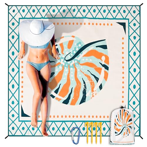 HIHOHO Beach Blanket Waterproof Sandproof Extra Large Beach Mat 79" X 83"/120"x108"for 1-8 Adults Quick Drying Durable Outdoor Picnic Mat for Beach Travel Camping Hiking - color: Colorful Round Shell - Lace Pattern, size: 79" X 83"（1~3 person）