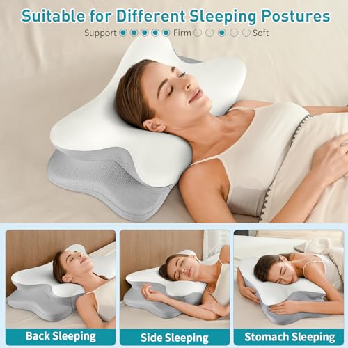 Cervical Neck Pillow for Pain Relief - Ergonomic Side Sleeper Pillow for Neck Support, Contour Pillow for Bed Sleeping, Cooling Memory Foam Pillows Orthopedic Pillow for Back Stomach Sleepers(White)