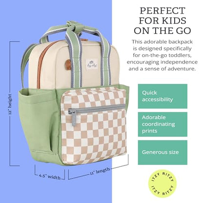 Itzy Ritzy Toddler Backpack - Daycare Bag - Features Adjustable Shoulder Straps, 2 Side Pockets & Spacious Interior with Wipeable Fabric Lining & Name Label, Checkerboard Backpack - color: Checkerboard