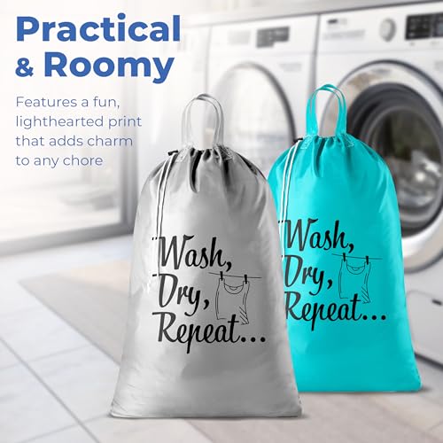 Extra Large Travel Laundry Bag - 2-Pack Fun Print Design Bags for Dirty Clothes - Durable Water-Resistant Fabric - Sturdy Drawstring Closure (Teal-Grey | Wash Dry Repeat) - color: Teal-grey | Wash Dry Repeat