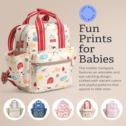 Itzy Ritzy Toddler Backpack - Daycare Bag - Features Adjustable Shoulder Straps, 2 Side Pockets & Spacious Interior with Wipeable Fabric Lining & Name Label, Farm Backpack - color: Farm