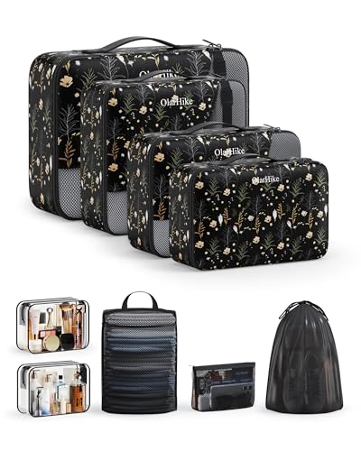9 Set Packing Cubes for Travel, Gifts for Women Mom,Anti-Tearing Suitcase Organizer,OlarHike Vacation Essentials & Accessories for Cruise Ship - color: 14 Black Flower