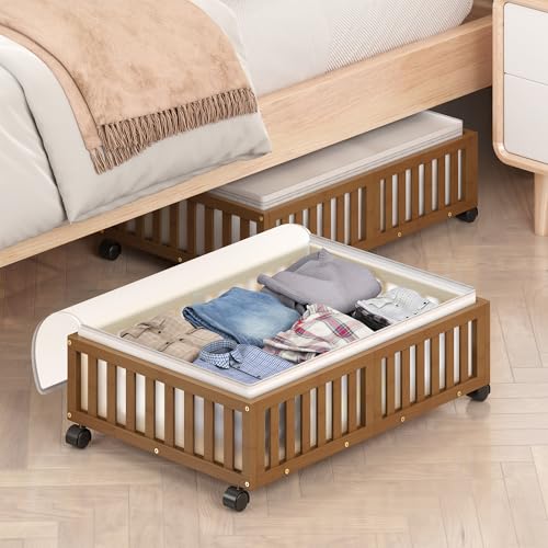 Under Bed Storage Containers with Wheels, 2 Pack Bamboo Under the Bed Shoe Storage Bins, Wood Rolling Underbed Drawers Organizer for Bedroom, Closet Clothes Blanket Comforter Under Crib Toy Walunt - color: Brown, size: 2 PCS (23.62"×16.54")