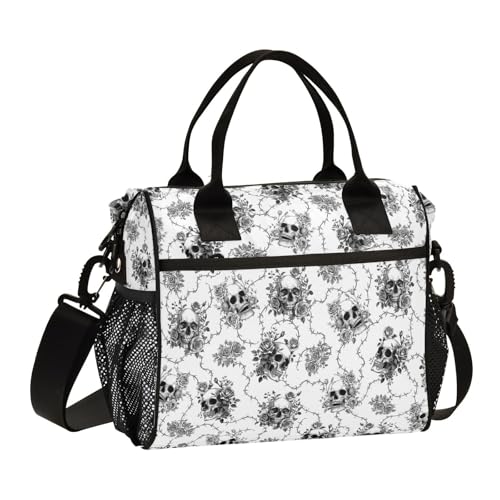 Skull Floral Lunch Bag & Lunch Box for Women with Adjustable Shoulder Belt Insulated Portable Lunch Tote Bag Cooler Bag for Girls Travel Office Picnic（Small） - color: Multicolor, size: Small