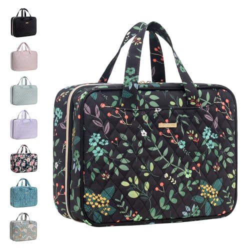 Everfun Travel Toiletry Bag with Hanging Hook and Leakproof Wet/Dry Compartments, Large Capacity Makeup Cosmetic Organizer for Women, 12x9x4.5 Inch, Black Leaves - color: Black Leaves, size: Large
