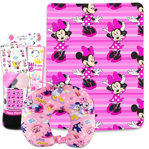 Disney Minnie Mouse Travel Blanket and Pillow Set - Bundle with 45"x 50" Throw Blanket, Neck Pillow, Stickers, More | Minnie Mouse Travel Accessories for Kids, Girls