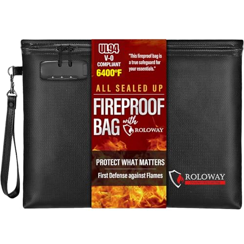 ROLOWAY Fireproof Document Bag (14.5 x 11.5 inch), 6400℉ Fireproof Money Bag with Zipper for Cash, Fire Safe Money Pouch with Lock (Black) - color: Black