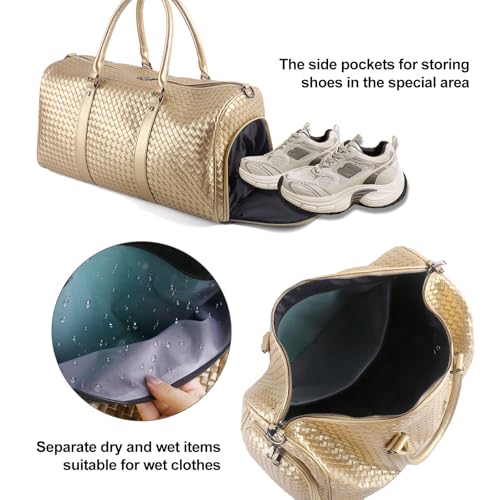 Weekender Bags for Women Woven Leather Travel Duffle Bag with Shoe Compartment, Carry On Garment Bag for Men Women, Large Capacity Water-resistant Gym Tote (Gold) - color: Gold