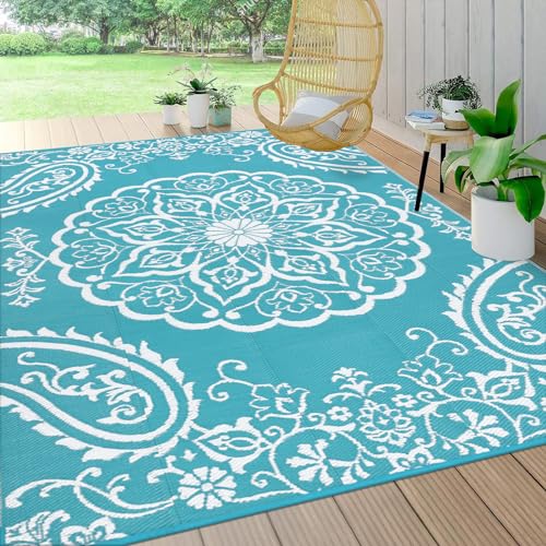 Pauwer Waterproof Outdoor Rug 8x10, Reversible Plastic Straw Patio Camping Rug, Indoor Outdoor RV Mat Carpet for Deck, Camper, Porch, Balcony, Backyard, Picnic, Boho Teal - color: Boho Teal, size: 8' x 10' (Rectangular)