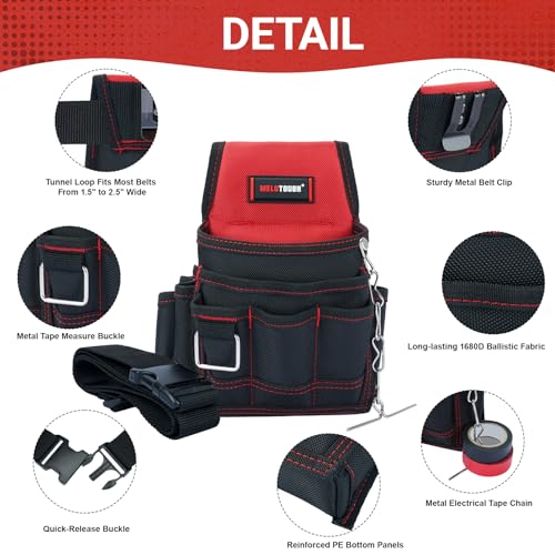 MELOTOUGH Electrician Tool Pouch Tool Belt Pouches Multiple Pockets Tool Organizer for Technician, Maintenance, HVAC - color: Red, size: Small Electrician Pouch