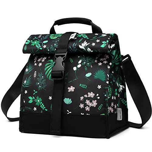 SUNNY BIRD Insulated Lunch Bag Rolltop Lunch Box Tote Bag for Women, Men, Adults and Teens (Floral & Foliage) - color: Floral & Foliage