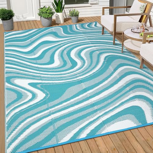 Garvee Large Modern Outdoor Rug 9x12 Patio Rugs Outdoor Waterproof Reversible Plastic Straw Camping Rug, Abstract Outside Rugs for Picnic Backyard Deck Balcony Porch Beach Trailer, Light Blue - color: Modern|light Blue/White, size: 9' x 12' (Rectangular)