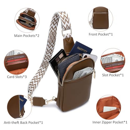 DIOMO Anti Theft Small Sling Bag for Women Cross Body Bag Trendy, RFID Fanny Packs Vegan Leather for Women Travel Belt Purse - color: Coffee-Gold Zipper