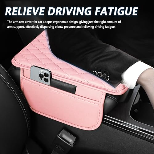 Stacool Upgraded Car Center Console Cover,Microfiber Leather Car Armrest Cover Cushion with 2 Storage Bags,Universal Car Armrest Storage Box (Pink) - color: Pink