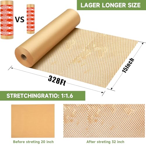 Honeycomb Packing Paper Wrap 15''x328', Substitute Alternative for Bubble Cushioning Wrap for Moving Shipping Packaging, Recyclable Moving Supplies with 48 Fragile Sticker Labels - size: 15''x328'