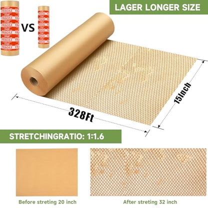 Honeycomb Packing Paper Wrap 15''x328', Substitute Alternative for Bubble Cushioning Wrap for Moving Shipping Packaging, Recyclable Moving Supplies with 48 Fragile Sticker Labels - size: 15''x328'