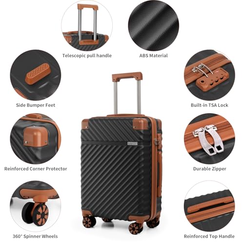 Cosbarn Luggage Sets 5 Piece with TSA Lock Spinner Wheels, Unisex Hard Case ABS Suitcase Set, Hardshell Lightweight Waterproof Travel Hardside Suitcases with Wheels for Women Men, Black - color: Black, size: 5 Piece Sets (20/24/28/Db/Tb)
