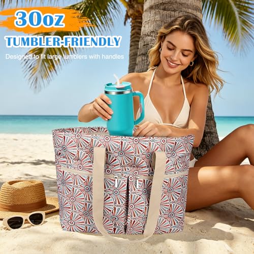 HUANLANG Large Beach Bags for Women Pool Bag with Zipper, Waterproof Sandproof Beach Tote Travel Bag with Wet Pocket - color: White Floral