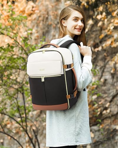 LOVEVOOK Travel Backpack for Women, TSA Carry On Backpack Flight Approved Luggage, 40L Water Resistant Personal Item Daypack Large Weekender Bag fit 17 inch Laptop with 3 Cubes, Beige-black-brown - color: Beige-black-brown, size: 40L-17.3 Inch-4Pcs