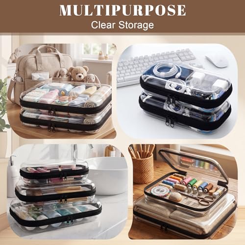 12 Pack Clear Hard Shell Zipper Case with 40 Labels, X-Large/Medium/Small Stackable Clear Pouches, Crush-resistant Travel Toiletry Bag Organizer for Makeup Board Games Electronics (Black)
