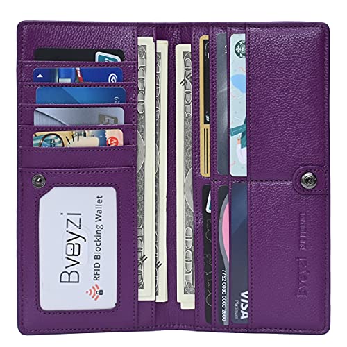 Bveyzi Ultra Slim Thin Leather RFID Blocking Credit Card Holder Bifold Clutch Wallets for Women - color: Purple