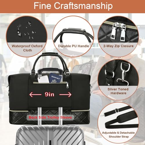 ITIEZY Weekender Overnight Bag for Women - Large Travel Duffel Bag with Shoe Compartment, Gym Duffel Bag Hospital Bag Carry On Tote Bags for Airplanes with Crossbody Bag Toiletry Bag 3Pcs Set - color: 6-Black