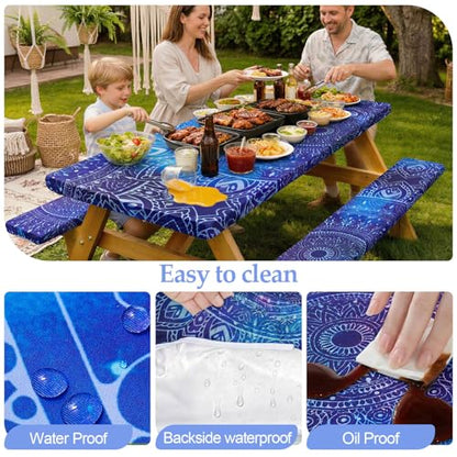 Picnic Table Cover with Bench Covers Camping Essentials Waterproof Windproof Camping Tablecloth with Drawstring Bag, Fitted Rectangle Tables and Seats, 60in, Blue Purple - color: Blue Purple, size: 60in