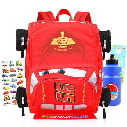 Disney Cars Mini Backpack for Kids - Bundle with 14” Lightning McQueen Backpack with Water Bottle, Stickers, More | 3D Lightning McQueen Travel Bag Set for Girls, Boys