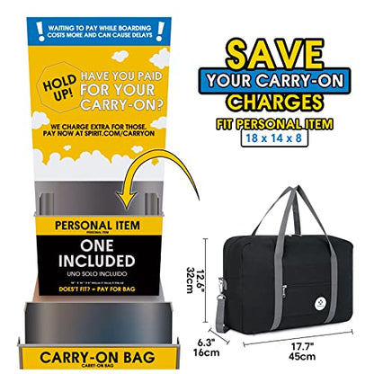 For Spirit Airlines Personal Item Bag Foldable Travel Duffel Bag Tote Carry on Luggage Duffle Overnight for Women and Men - color: 3112-Black