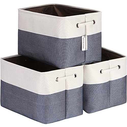 Sea Team 3-Pack Large Storage Basket Set, Trunk Organizer, Clothes Toys Bin, 15 x 10 x 10 Inches, Big Rectangular Canvas Fabric Collapsible Shelf Box with Handles for Kids Room (Denim/White) - color: Denim/White, size: Medium/15 x 10 x 10"