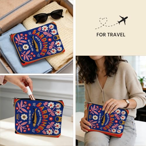 Vintage Sardine Makeup Bag for Women, Fish Canvas Cosmetic Makeup Pouches with Zipper Travel Makeup Cosmetic Bags, Sardine Olive Oil Toiletry Organizer Pouch Birthday Gifts - color: Multicolor 0010