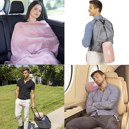 BlueHills Travel Blanket Pillow Rolled Premium Soft Plush Airplane Throw Traveling Gifts Compact in a Bag 70 X 48 inches Long Plane Flight Portable Lightweight Pink R02 - color: R02-pink