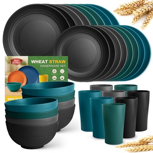 Teivio 32-Piece Kitchen Plastic Wheat Straw Dinnerware Set, Service for 8, Dinner Plates, Dessert Plate, Cereal Bowls, Cups, Unbreakable Colorful Plastic Outdoor Camping Dishes,Coastal - color: Coastal