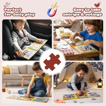 Magnetic Puzzles for Toddlers 3-5 Years, 3 in 1 Vehicle & Adventure Toys with 9/16/25 PCS, Travel Activity for Boys and Girls, Preschool Puzzle Game with Pirate Ship, Digger, Fire Truck - color: Yellow
