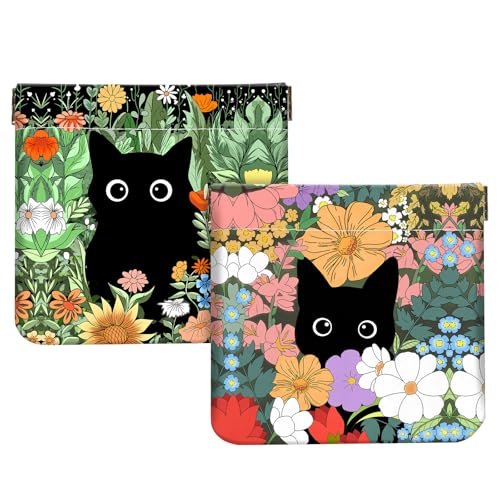 2Pcs PU Leather Small Squeeze Coin Purse Pouch Mini coin Bag Unique And Cute Wallet Cosmetic Bags Change Bag For Women Girls Men Flower And Cat - color: Flower And Cat