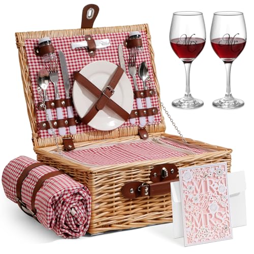Picnic Basket for 2 with Lid and Handle Waterproof Picnic Blanket, Wicker Picnic Set Kit with Cooler for Beach, Insulated Picnic Baskets, Bridal Shower Gift Wedding Gifts with Mr Mrs Wine Glasses - color: Wedding Gift Style Red and White