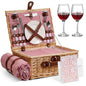 Picnic Basket for 2 with Lid and Handle Waterproof Picnic Blanket, Wicker Picnic Set Kit with Cooler for Beach, Insulated Picnic Baskets, Bridal Shower Gift Wedding Gifts with Mr Mrs Wine Glasses - color: Wedding Gift Style Red and White