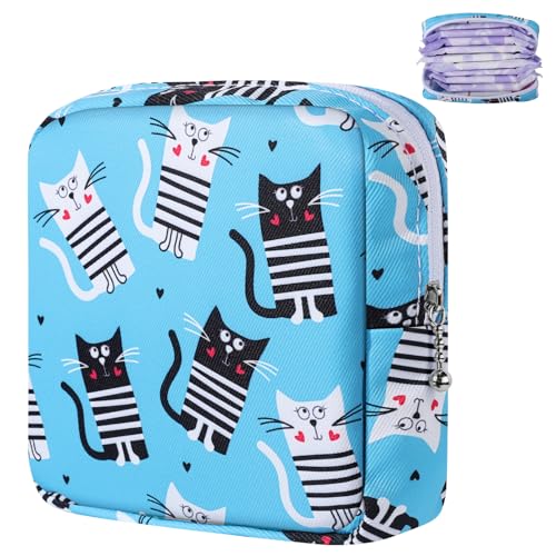 Likesing Period Bag, Canvas Sanitary Napkin Storage Bag for Girls Womens, Portable Sanitary Napkin Period Pad Pouch for Purse, Small Make Up Bags(F513B-H) - color: Blue Cat-N0469
