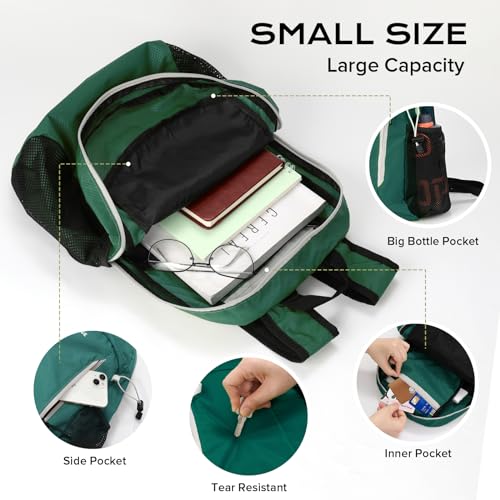 VPBAGE 15L Water-resistant Hiking Daypack, Small Backpack Travel Outdoor, Lightweight Day Pack with Tool Loops - color: Dark Green