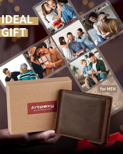 Artpaxy Mens Wallet Genuine Leather Bifold RFID Blocking Wallet for Men with 1 ID Window 13 Card Holders 2 cash pockets 1 Gift Box - color: Dark Brown