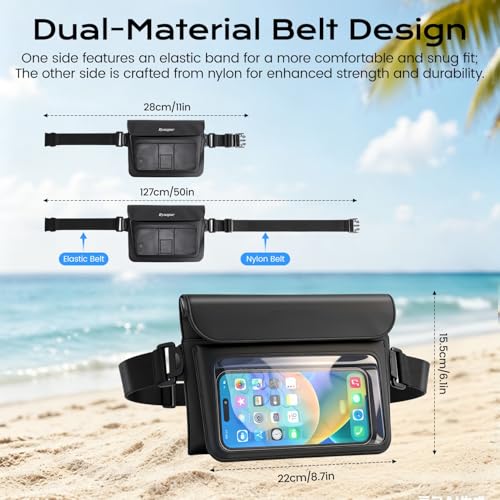 Rynapac 2 Pack Waterproof Fanny Pack for Woman Man, IPX8 Swimming Dry Belt Bag, Passport Wallet Phone Pouch Double Space, Elastic Waistband, Beach Cruise Vocation Essentials 2026 - color: Black+Black