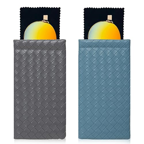 Squeeze Top Sunglass Pouch - Portable Sunglass Organizer Pouch Bags Soft PU Leather Glasses 2 Pack - color: Dark Gray +Blue