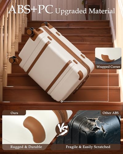 LONG VACATION Carry On Luggage Set 3 Piece, 20 Inch ABS+PC Hardshell Carry on Suitcase with Spinner Wheels TSA Lock & YKK Zipper - color: White Brown, size: 3 Piece Set (20 Inch)