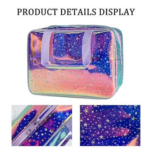 Holographic Purple Star Large Cosmetic Bag and Travel Pouch with Handle,Durable Material,Zipper Design-Ideal for Makeup,Travel Essentials (Purple Handle) - color: Purple Handle