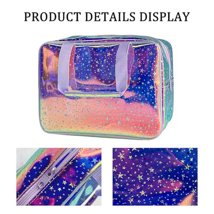 Holographic Purple Star Large Cosmetic Bag and Travel Pouch with Handle,Durable Material,Zipper Design-Ideal for Makeup,Travel Essentials (Purple Handle) - color: Purple Handle