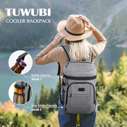 Tuwubi Cooler Backpack 35/42 Cans, Backpack Coolers Insulated Leak Proof for Men Women, Waterproof Soft Sided Lunch Camping Beach Travel Ice Chest Backpack Cooler Bag - color: Grey, size: Medium