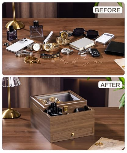 Homde Watch Box for Men Jewelry Organizer with Real Glass Watch Case for Ring, Bracelet, Watch, Necklace, Earrings, and Accessories