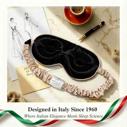 MATASSE 100% Mulberry Silk Sleep Mask 22 Momme Grade 6A -3D Contoured Eye Mask for Sleeping, 14mm Deep Eye Cups, Total Blackout Blindfold for Women Men, Adjustable Strap, Side Sleeper - color: Champagne/Black