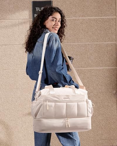 LOVEVOOK Travel Duffel Bag, Gym Bag for Women, Large Weekender Overnight Bags with Shoe Compartment, 38L Carry on Gym Hospital Bag with Wet Pocket, 2 Pcs - color: Beige, size: Large-2 Pcs