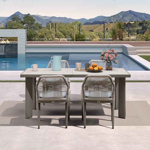 PURPLE LEAF 5 Pieces Patio Dining Set Aluminum Rectangular Table and Wicker Chairs with Cushions for Kitchen Porch Garden Modern Outdoor Furniture Sets, Light Grey - color: Light Grey, size: 5 PCS, style: Rectangular
